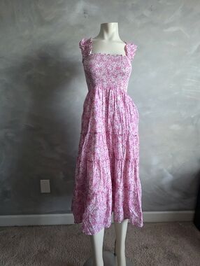 Kourt Pink & White Smocked Tiered Midi Dress Cotton Ruffle Square Neck M